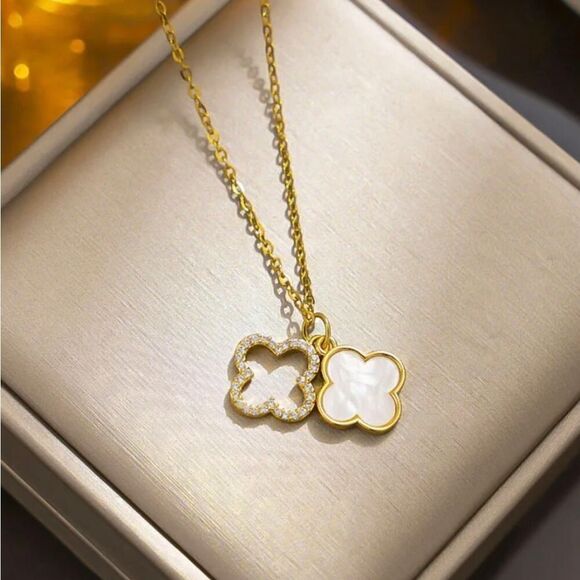 Jewelry - 18K Gold Plated Diamond White Clover Necklace